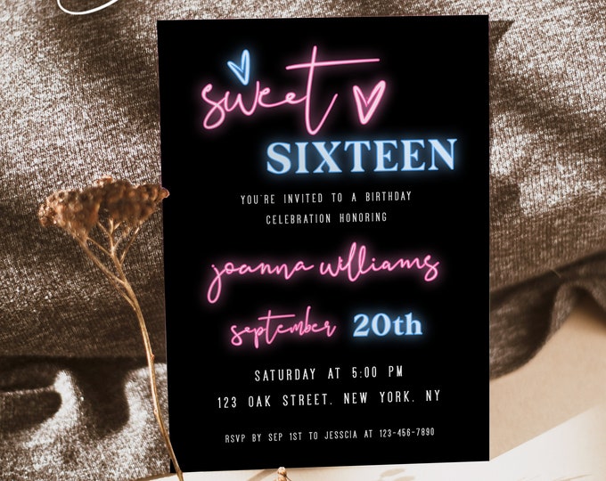 Neon Invitation Template, DIY Quinceañera Sweet 16 Party Invitation Cards Template, Editable Neon Party Invitation, Instant Download, Neon