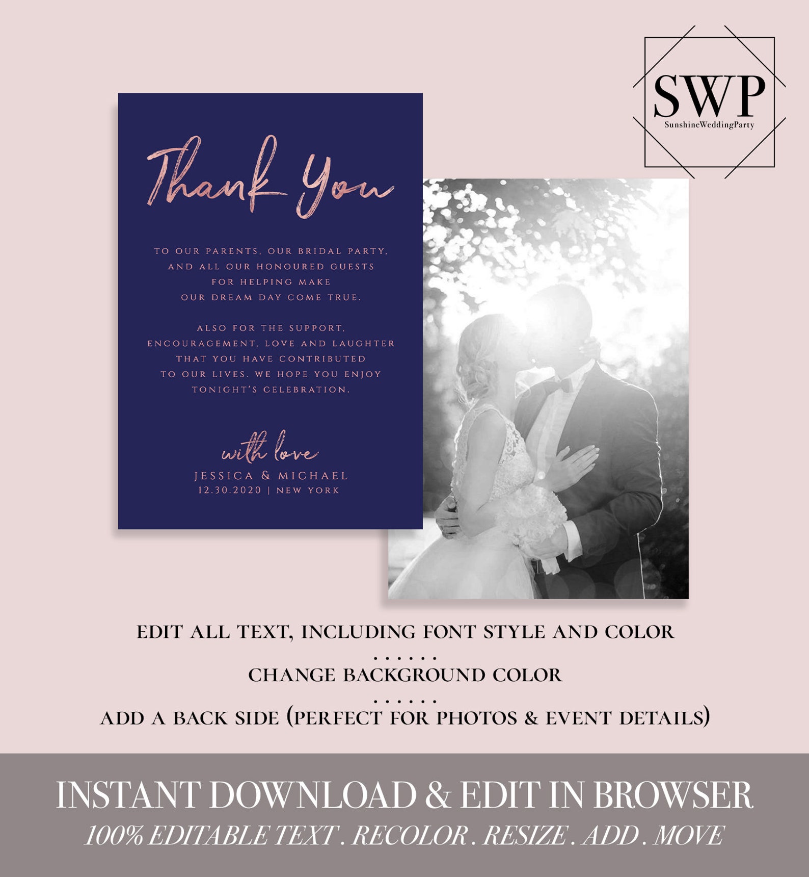 Thank You Card Template Wedding Printable Thank You Editable - Etsy