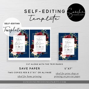 May include: A printable wedding invitation template with a navy blue background, gold trim, and floral design featuring burgundy, pink, and white flowers. The text reads "Sophia and Benjamin, June 25, 2024".