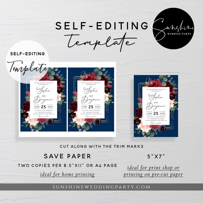 May include: A printable wedding invitation template with a navy blue background, gold trim, and floral design featuring burgundy, pink, and white flowers. The text reads "Sophia and Benjamin, June 25, 2024".