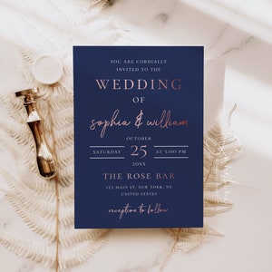 Marine Blau Rose Gold Hochzeitseinladung Vorlage, Moderne Hochzeit, Hochzeitseinladungskarten, druckbare Einladung, bearbeitbare Einladung, N1
