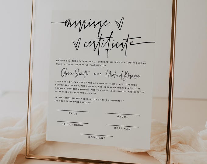 Editable Marriage Certificate Template | Minimalist Wedding Marriage Certificate Template | Printable Wedding Vow Keepsake Certificate | M7