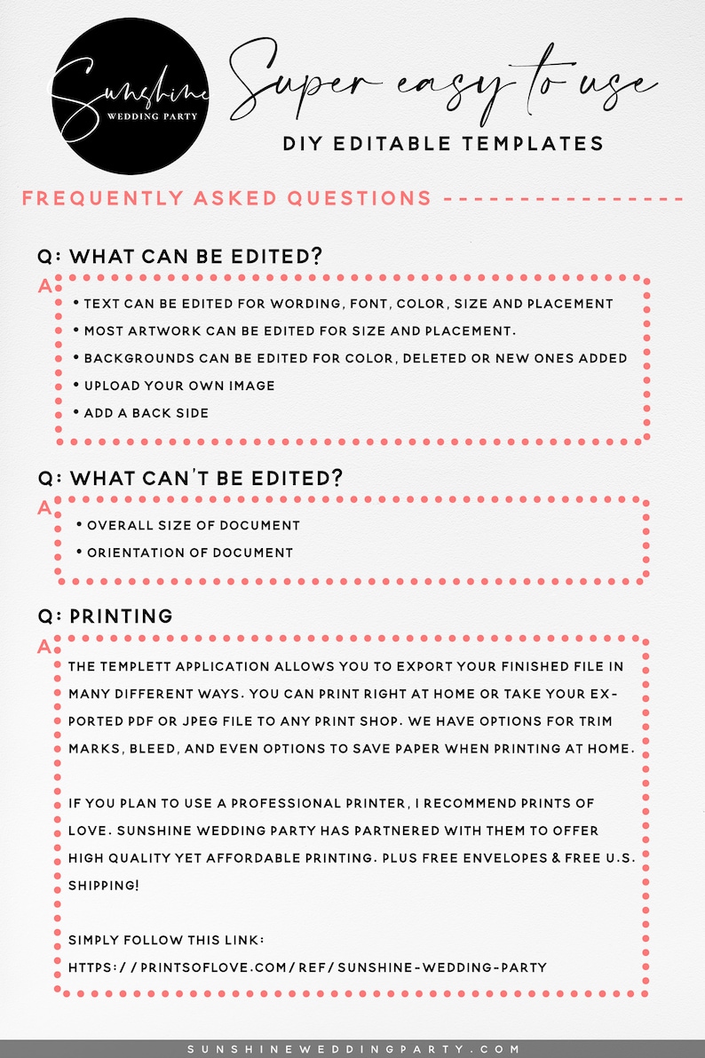 Peut inclure: Un graphique rose et blanc avec le texte "Sunshine Wedding Party" et le titre "Super facile &agrave; utiliser Mod&egrave;les modifiables". Le graphique liste les questions fr&eacute;quemment pos&eacute;es sur la modification et l'impression de mod&egrave;les de mariage.