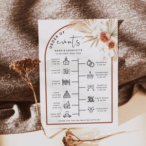 Pampas Terracotta Hochzeit Reiseplan, Hochzeit Timeline, Hochzeitsreihenfolge, Hochzeitsplaner, DIY bearbeitbar, Boho Hochzeit, T4