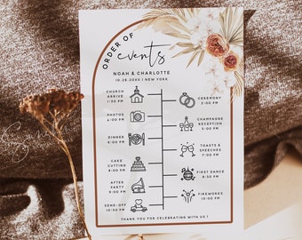 Pampas Terracotta Wedding Itinerary Template, Wedding Timeline, Wedding Order of Events, Wedding Schedule, DIY Editable, Boho Wedding, T4