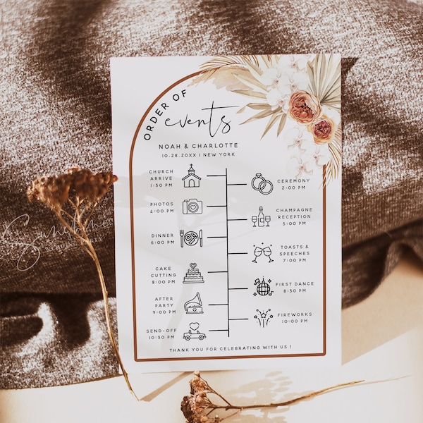 Pampas Terracotta Wedding Itinerary Template, Wedding Timeline, Wedding Order of Events, Wedding Schedule, DIY Editable, Boho Wedding, T4