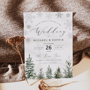 Modello di invito per matrimonio nel paese delle meraviglie invernale, matrimonio con albero di pino e fiocco di neve, invito per matrimonio festivo stampabile, modifica con TEMPLETT, W1