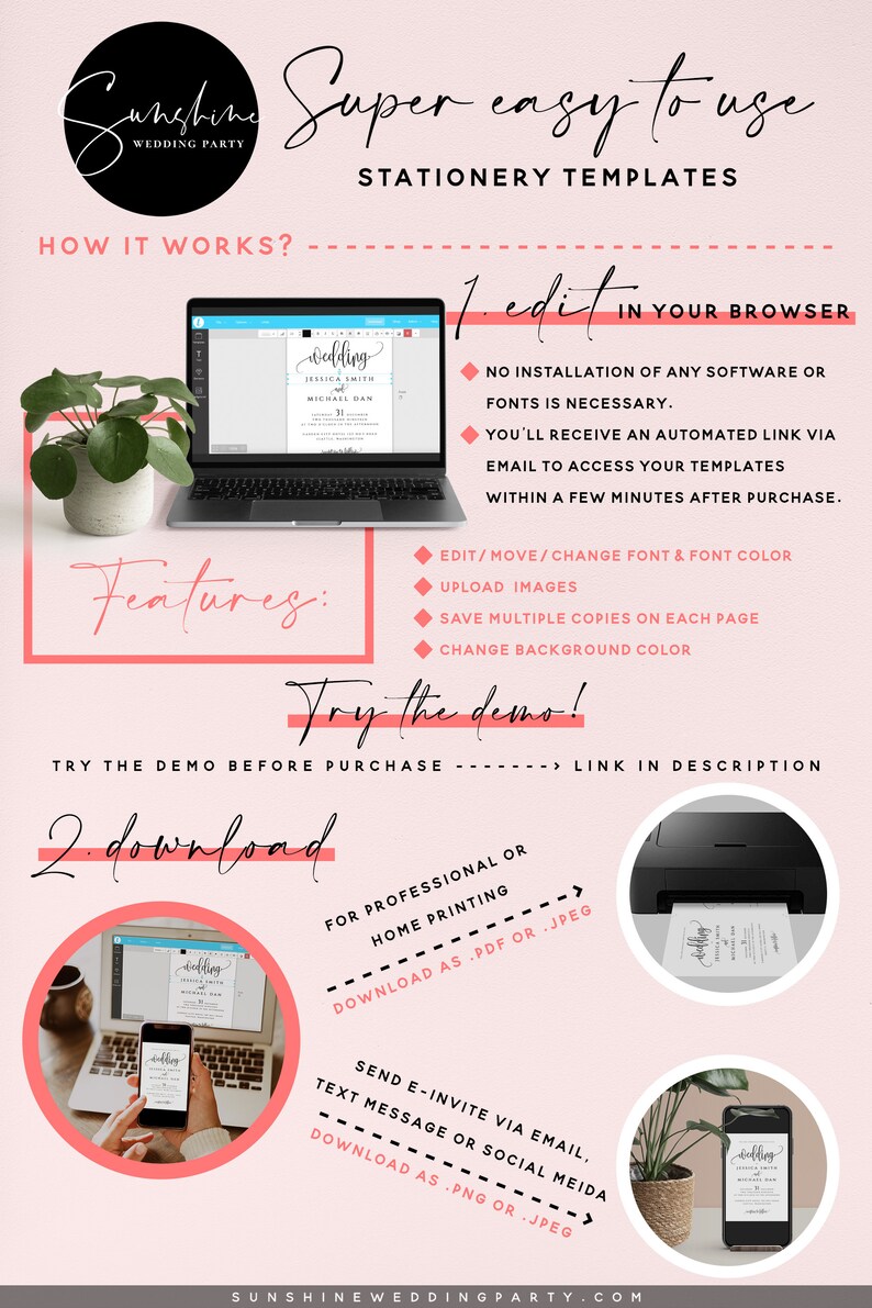 May include: A pink and white graphic with the text "Super easy to use Stationery Templates" and a description of how to edit and download wedding stationery templates. The graphic includes images of a laptop, a printer, and a smartphone.