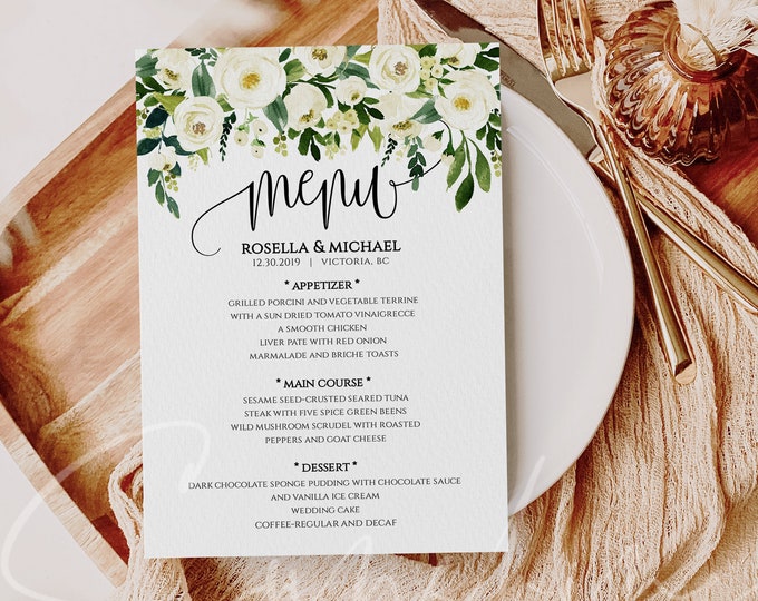 Greenery White Floral Menu Template Wedding Menu Template White Floral Wedding Menu Template Editable Printable Template Online Editable 5x7