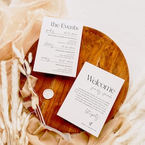 May include: A white card with black text announcing a wedding weekend. The card lists the events for the weekend, including a welcome dinner, wedding ceremony, and wedding brunch. The card also includes a welcome message for family and friends.