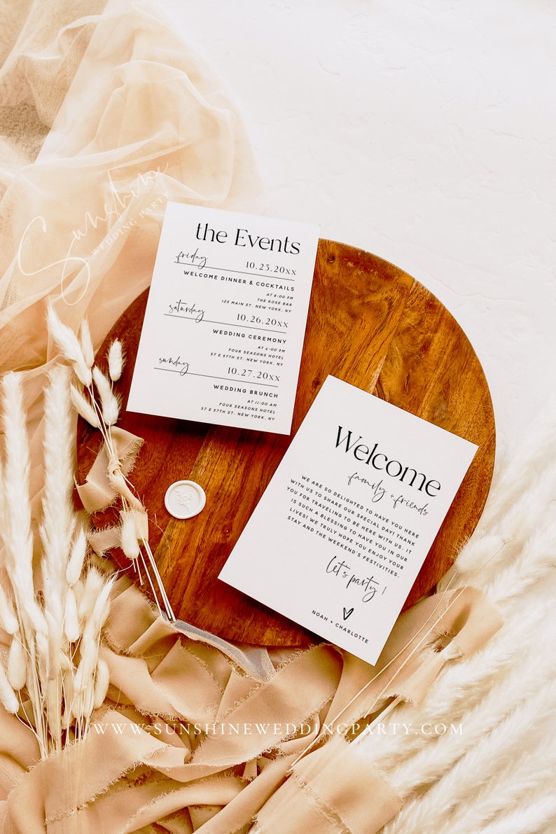 May include: A white card with black text announcing a wedding weekend. The card lists the events for the weekend, including a welcome dinner, wedding ceremony, and wedding brunch. The card also includes a welcome message for family and friends.