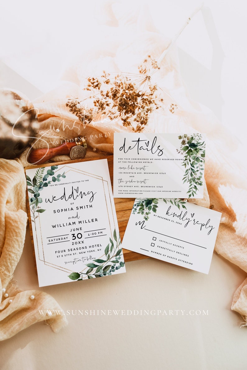 Eucalyptus Greenery Wedding Invitation Kit Template, Wedding Invitation Suite, Invitation Set, Details Card, RSVP Card, Instant Download, G5 image 1