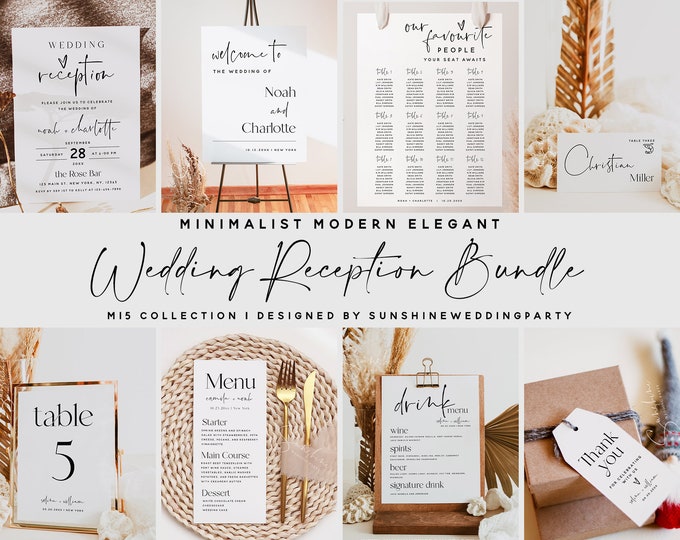 Wedding Reception Bundle, Modern Wedding Reception Kit, Editable Template, Wedding Reception Invite, Welcome Sign, Seating Chart & More, M15