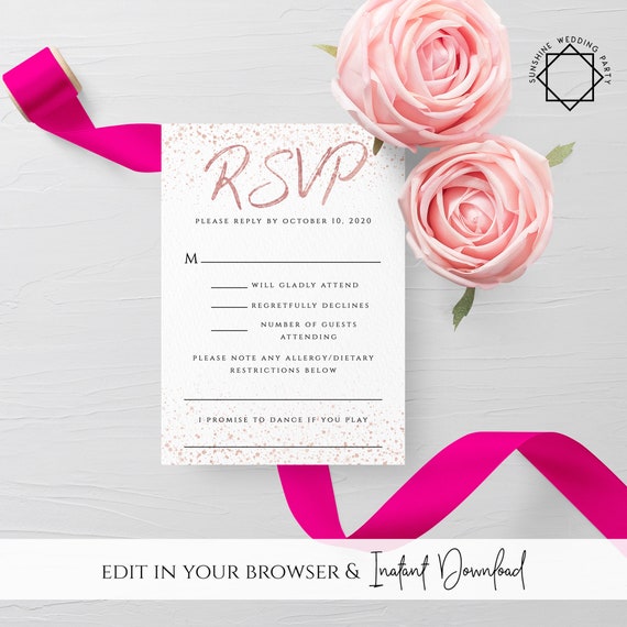 Rose Gold Wedding RSVP Template Printable Rose Gold RSVP Card Template Editable Wedding RSVP Template Rose Gold Instant Download Templett M1