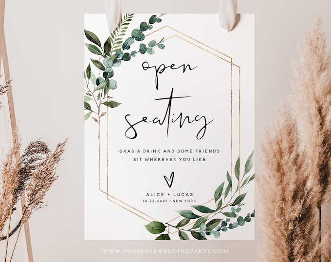 Open Seating Sign Template, Greenery Wedding Signs, Wedding Signs, Baby Shower Signs, Bridal Shower Signs, Instant Download, Templett, G5