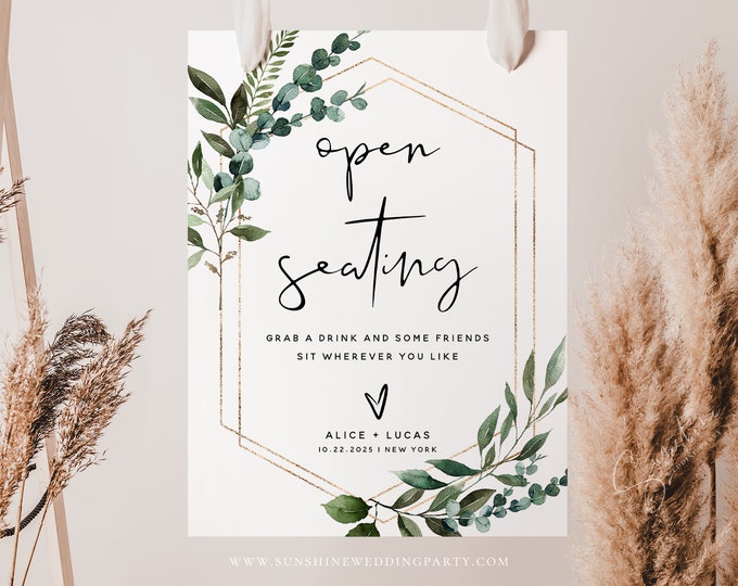 Open Seating Sign Template, Greenery Wedding Signs, Wedding Signs, Baby Shower Signs, Bridal Shower Signs, Instant Download, Templett, G5