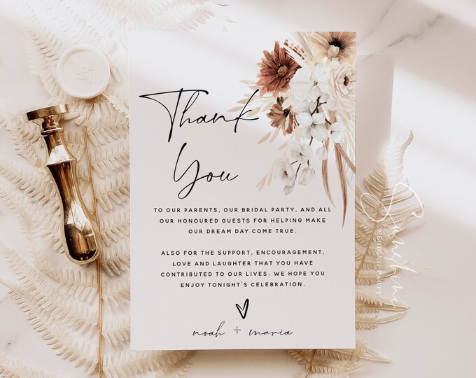Boho Floral Wedding Thank You Cards Template, Terracotta Wedding, Thank You Letter, Thank You Note, Thank You Card, Editable Template, F24