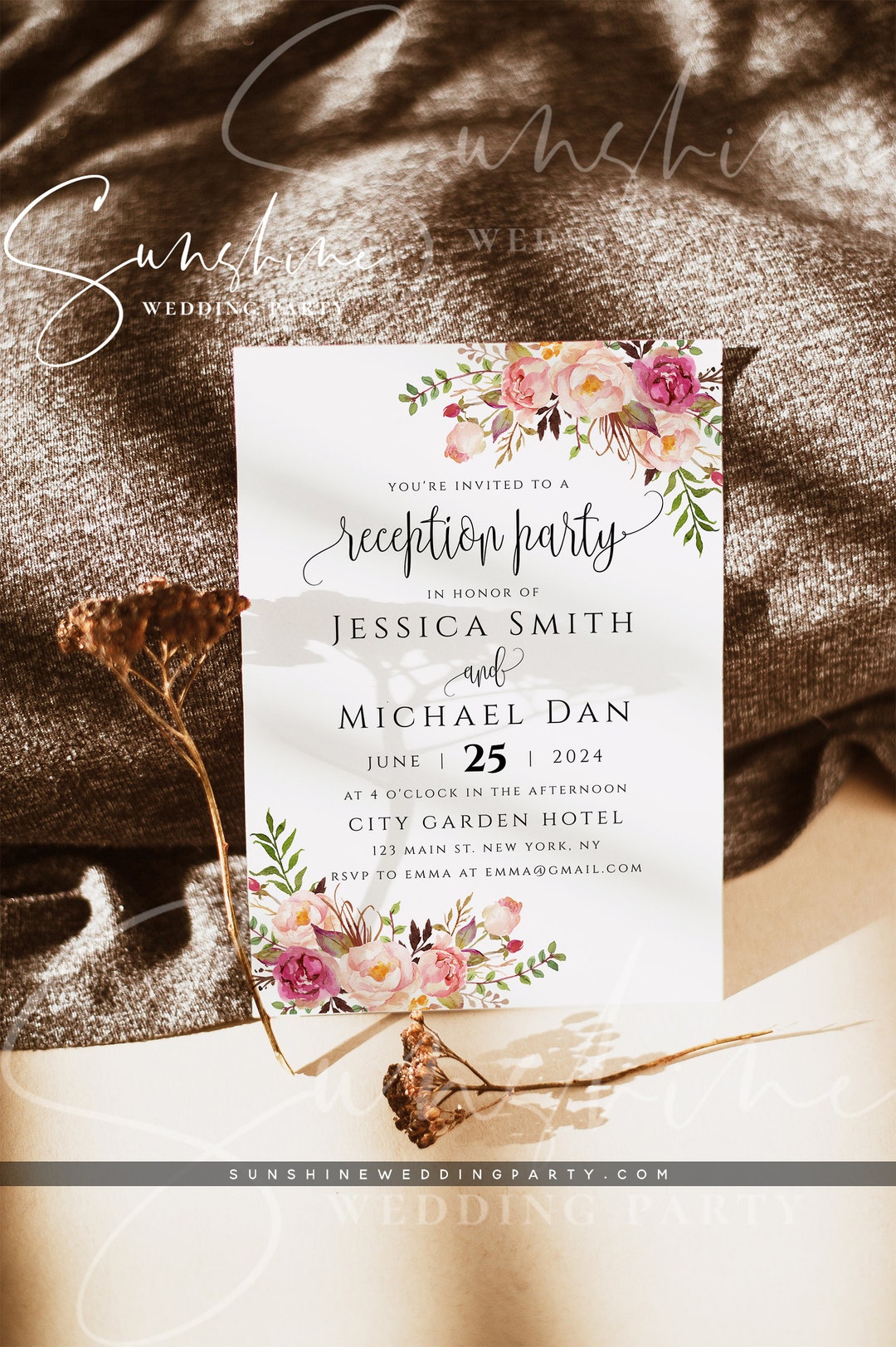Marsala Wedding Reception Party Invitation Template, Floral Wedding Reception Cards, DIY ...