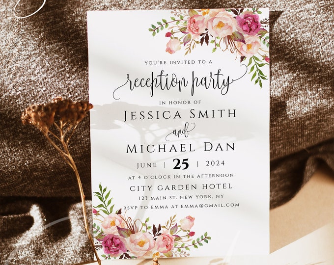 Marsala Wedding Reception Party Invitation Template, Floral Wedding Reception Cards, DIY Printable Reception Invites, Instant Download, F4