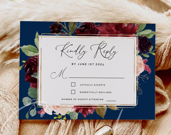 Navy Burgundy Wedding RSVP Card Template, Marsala Wedding Kindly Reply Card Template, DIY RSVP Card Template, Instant Download, Templett F17