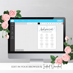 May include: A computer screen displaying a wedding seating chart template. The template is titled "Find Your Seat" and includes the names Jessica & Michael. The template is designed to be edited in a web browser and downloaded.
