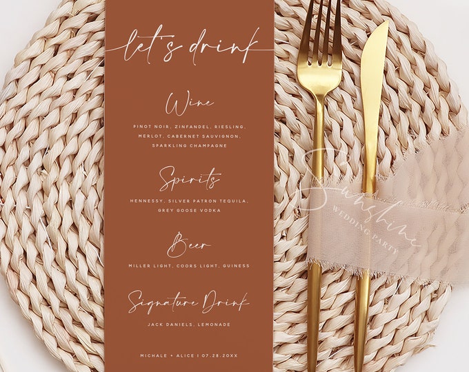 Terracotta Wedding Drink Menu Template, Wedding Drink Menu, Printable Drink Menu, Reception Menu, DIY Editable Menu, Instant Download, T1