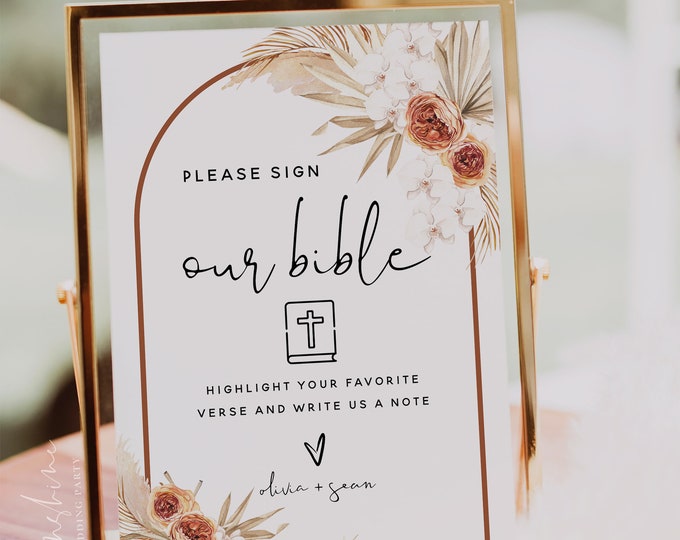 Please Sign Bible Guestbook Sign Template, Terracotta Wedding, Pampas Grass, Bible Guestbook Sign, Please Sign Our Bible, Guestbook Sign, T4