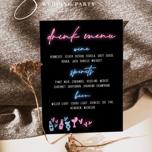 Neon Drink Menu Template, Modern Drink Menu Signs, The Bar Menu Signs, Bachelorette party, Sweet 16 Birthday Party, Instant Download, Neon