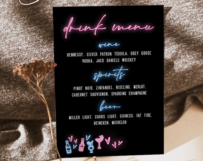 Neon Drink Menu Template, Modern Drink Menu Signs, The Bar Menu Signs, Bachelorette party, Sweet 16 Birthday Party, Instant Download, Neon