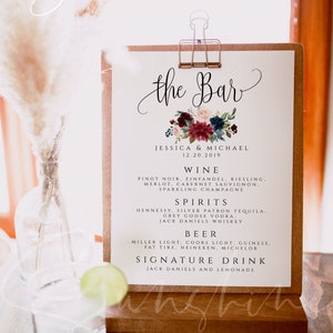 Modèle de signe de menu de bar Marsala Bordeaux bleu marine Signe de menu de bar imprimable Signe de menu de bar de mariage modifiable Signe de menu de boissons Signe Menu de bar Templett F3