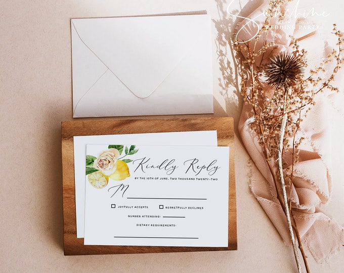 Lemon Wedding RSVP Template, Printable RSVP Card, Wedding Kindly Respond Card Template, Editable RSVP Card, Instant Download, Templett, L1