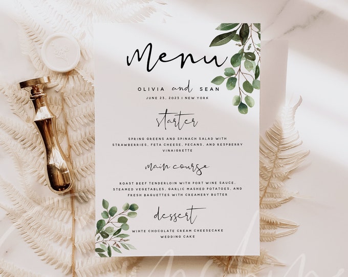 Greenery Menu Template, Wedding Menu, Greenery Wedding Menu, DIY Printable Menu, Instant Download, Reception Dinner Menu, 100% Editable, G5