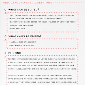 May include: A pink and white graphic with the text "Sunshine Wedding Party" and "Super easy to use DIY Editable Templates". The graphic lists frequently asked questions about editing and printing wedding templates.