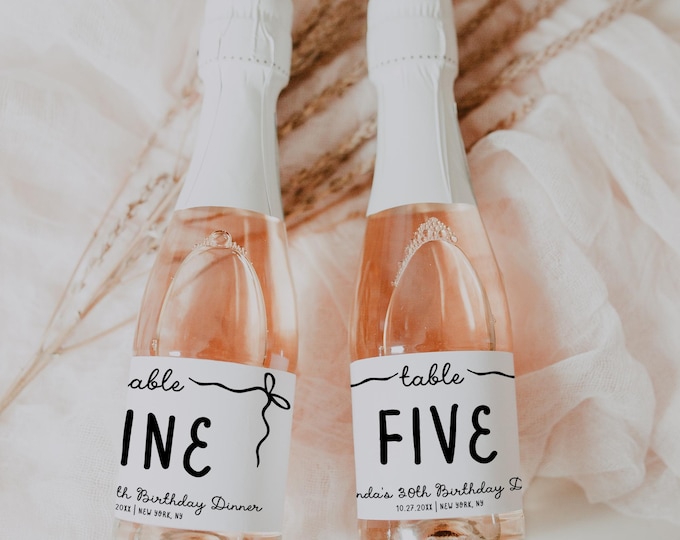 Whimsical Bow Tie Mini Champagne Label Table Number Template | Editable Bottle Label | Birthday, Bridal Shower, Wedding Bottle Label | W2
