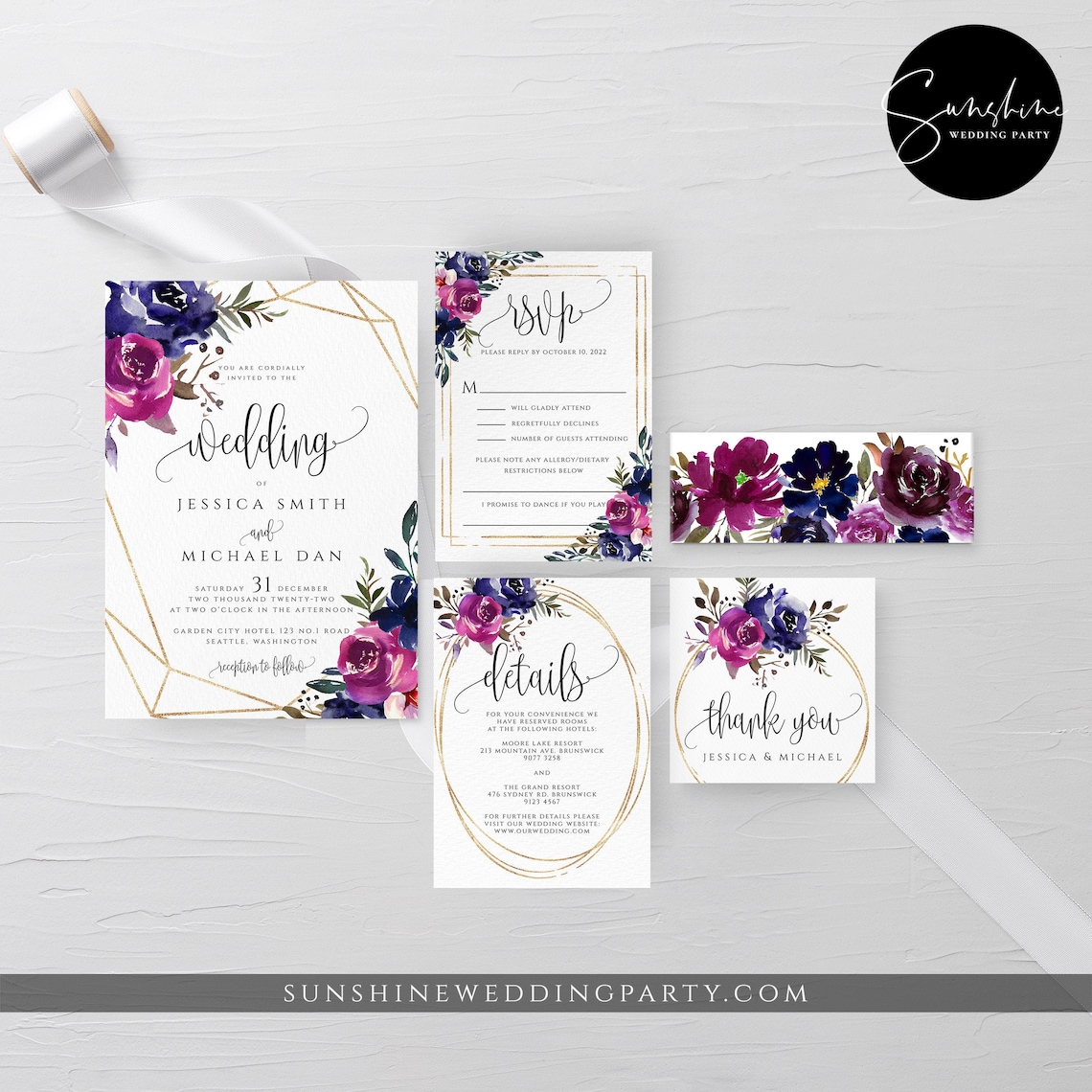 Blue & Purple Wedding Invitation Template Printable Editable image 1