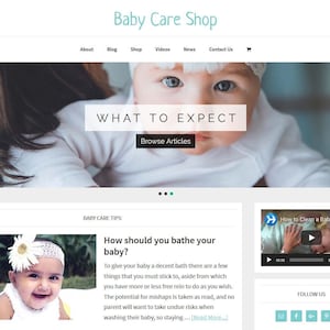 Premade WordPress Website eCommerce Template & Blog with Articles, Videos, Shopping, News, Automatically Updating Content- Baby Theme