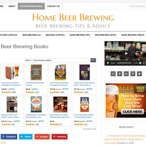 May include: A website for home brewers featuring a selection of beer brewing books. The books are displayed in a grid format with titles, prices, and ratings. The website also includes a video, a recent posts section, and social media links.