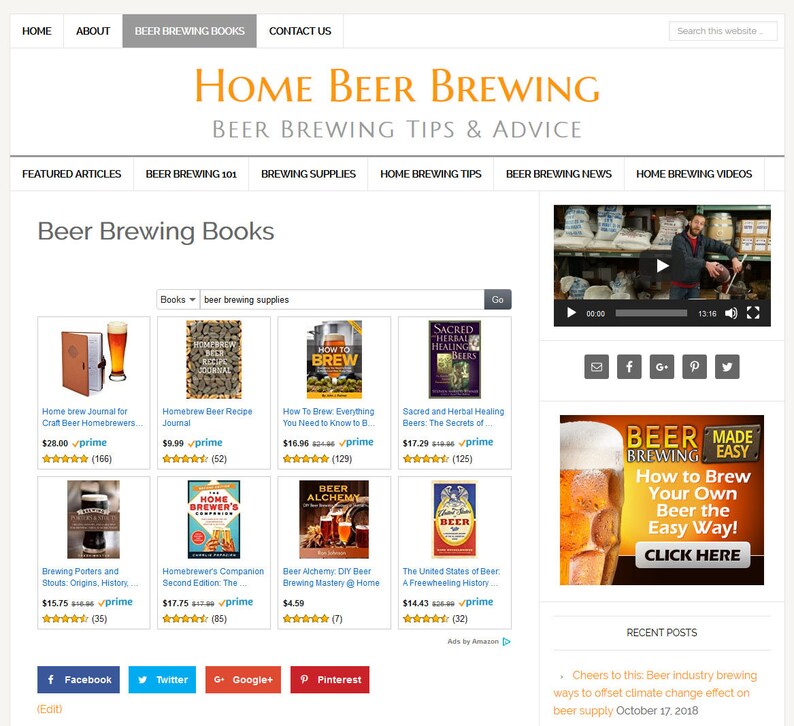 May include: A website for home brewers featuring a selection of beer brewing books. The books are displayed in a grid format with titles, prices, and ratings. The website also includes a video, a recent posts section, and social media links.