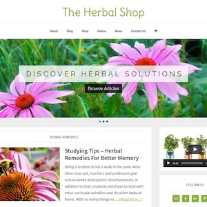 Premade WordPress Website eCommerce Template & Blog with Articles, Videos, Shopping, News, Automatically Updating Content- Herbal Theme