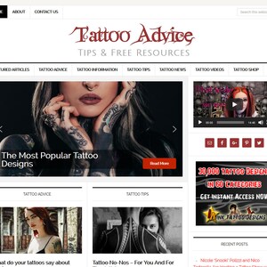May include: A website offering tattoo advice, featuring articles, videos, and a shop. The website has a red and white colour scheme and showcases a range of tattoo designs.