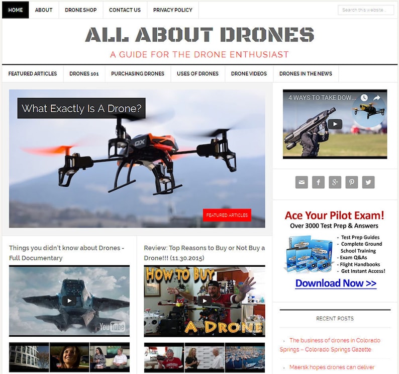 May include: A website titled "All About Drones: A Guide for the Drone Enthusiast" with a red and black drone in the center of the page. The website has links to articles about drones, including "What Exactly Is A Drone?" and "Things You Didn't Know About Drones - Full Documentary".