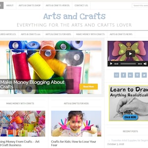 Premade WordPress Website Template & Blog with Articles, Videos, Shopping, News, and Automatically Updating Content- ARTS and CRAFTS theme