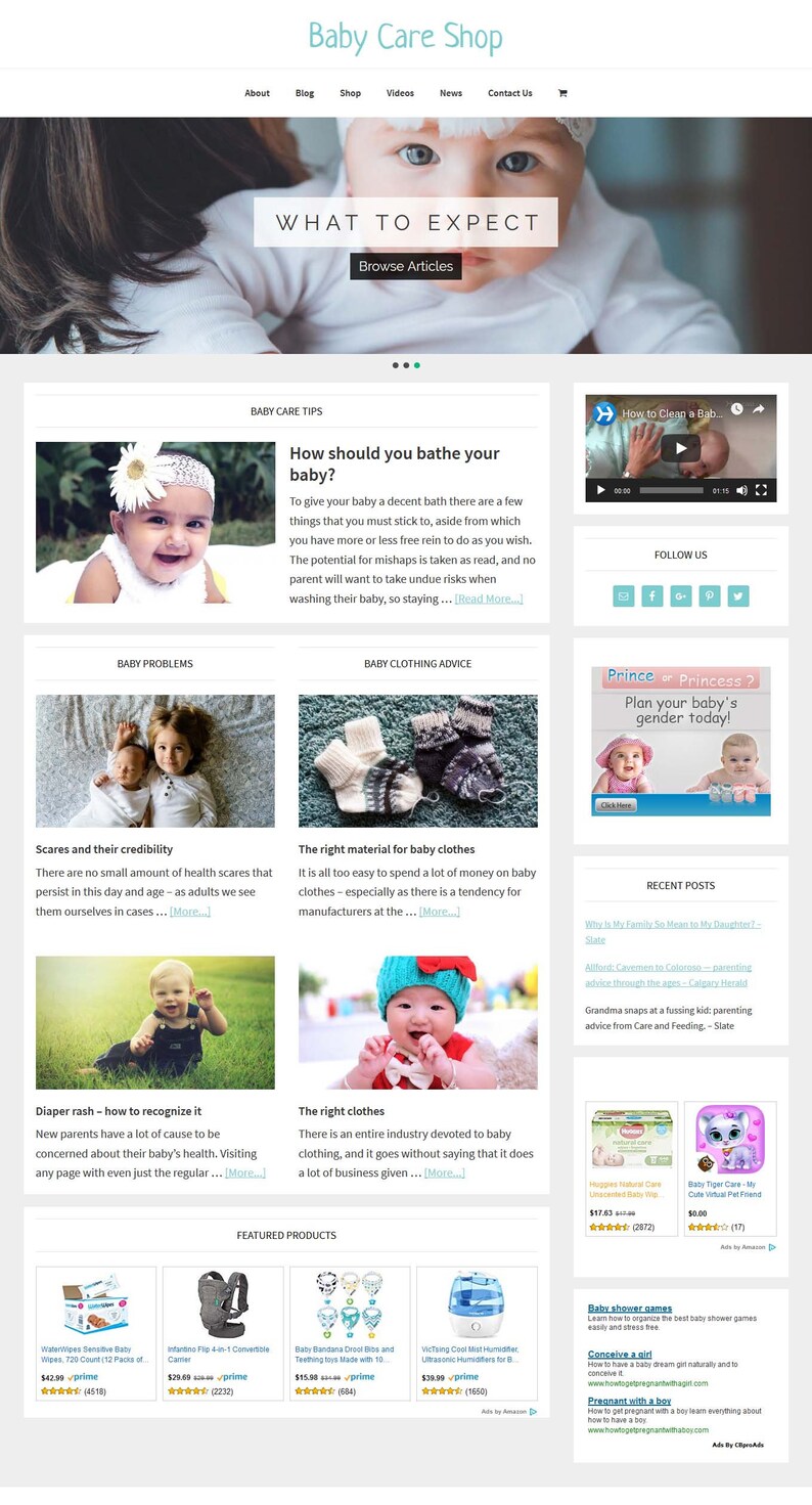 May include: A website for a baby care shop with a range of articles and products. The website features a banner image of a baby with the text "What to Expect" and a section with articles on baby care tips, baby problems, and baby clothing advice. The website also features a section with featured products, including a baby carrier, a humidifier, and a set of baby bibs.