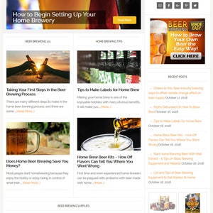May include: A website homepage for home beer brewing with a banner image of three glasses of beer. The website features articles, tips, and videos on home brewing.