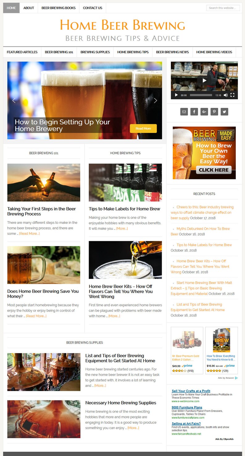May include: A website homepage for home beer brewing with a banner image of three glasses of beer. The website features articles, tips, and videos on home brewing.