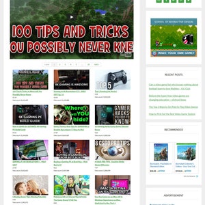 May include: A website screenshot showing a collection of video game tips and tricks. The website is called "Video Gaming Store" and features a variety of videos on topics such as Minecraft, 8K gaming, and PC building. The website also includes a section for recent posts and recommended games.