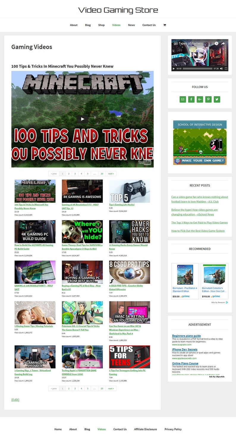 May include: A website screenshot showing a collection of video game tips and tricks. The website is called "Video Gaming Store" and features a variety of videos on topics such as Minecraft, 8K gaming, and PC building. The website also includes a section for recent posts and recommended games.