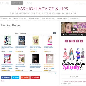 May include: A website page with the title "Fashion Advice & Tips" and a section titled "Fashion Books". The page features a grid of book covers with titles and prices. The books are about fashion, style, and design. There is also a video player with a play button and a title that reads "Fleur's Top Ten Fashion on a Budget".