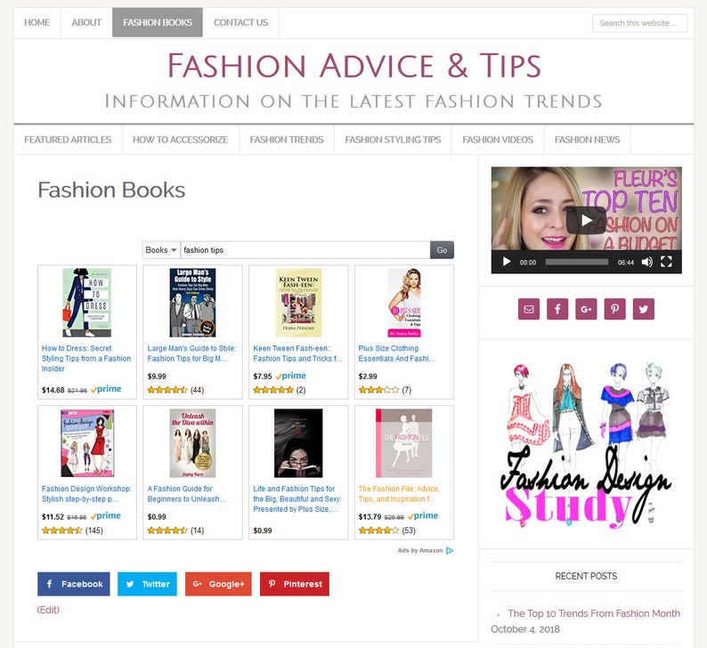 May include: A website page with the title "Fashion Advice & Tips" and a section titled "Fashion Books". The page features a grid of book covers with titles and prices. The books are about fashion, style, and design. There is also a video player with a play button and a title that reads "Fleur's Top Ten Fashion on a Budget".