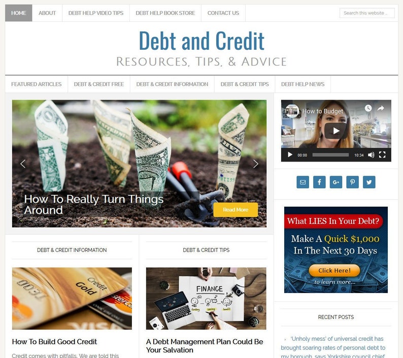 May include: A website homepage for Debt and Credit, a resource for tips and advice on managing debt and credit. The website features articles, videos, and a blog. The homepage also includes a call to action to "Make a Quick $1,000 in the Next 30 Days".